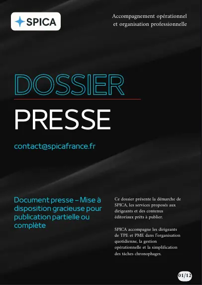 Couverture du dossier de presse SPICA avec le logo et le contact presse
