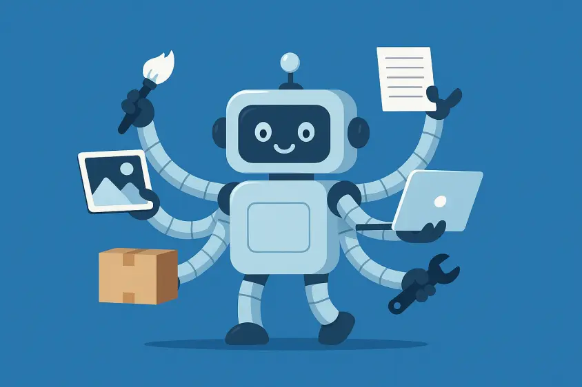 Illustration d’un robot amical avec huit bras accomplissant plusieurs tâches à la fois, représentant l’intelligence artificielle dans l’imaginaire collectif